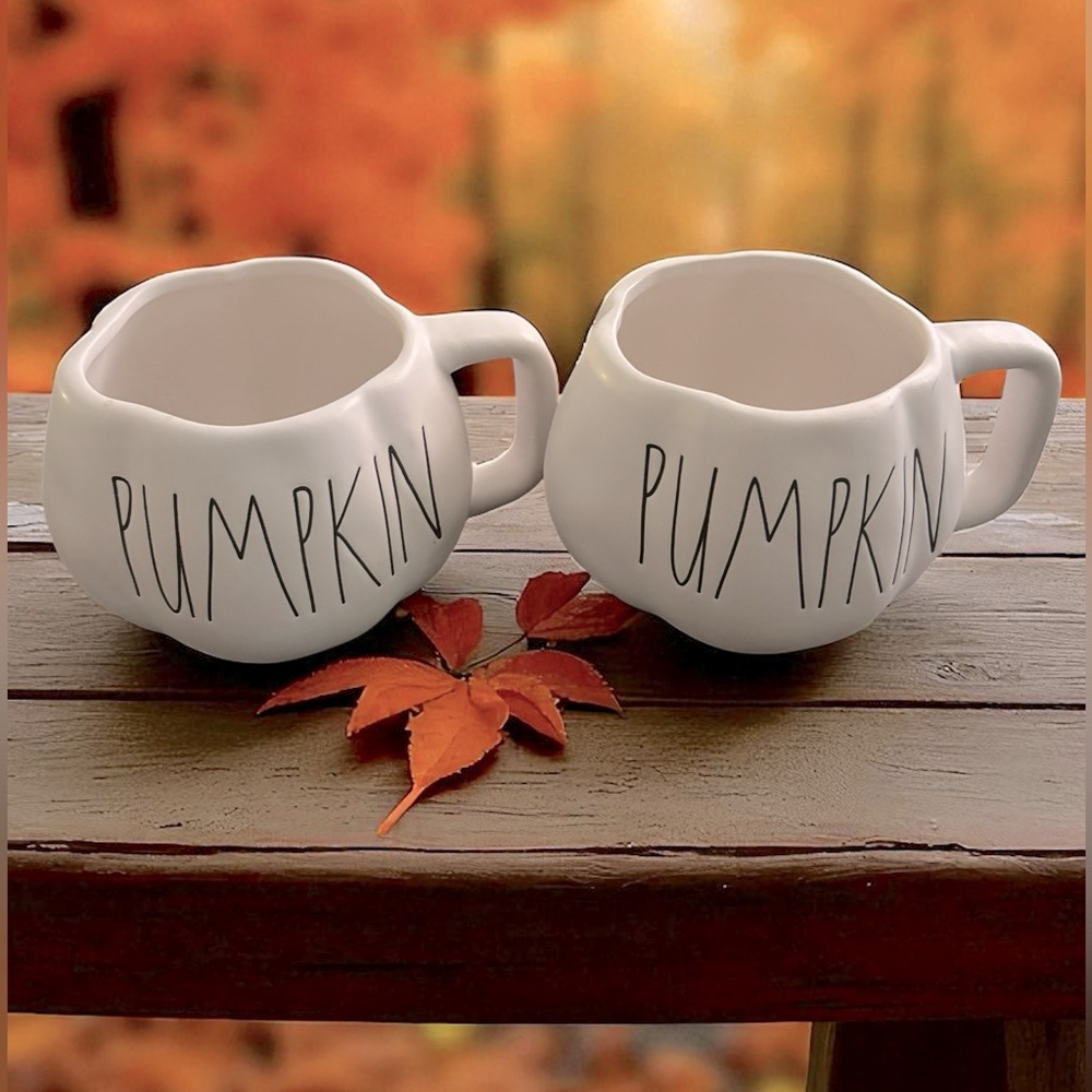 NWT RAE DUNN Ceramic PUMPKIN Large Mugs Set of 2 Fall Autumn White Matte